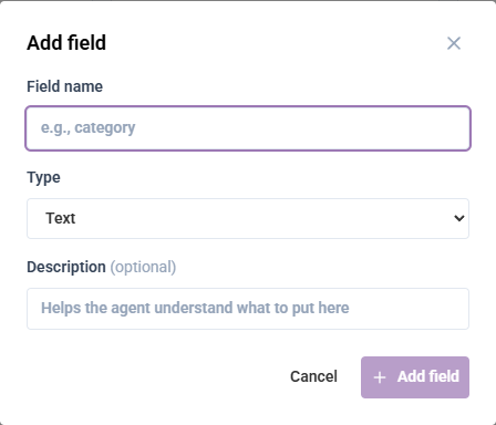 The Add field dialog with a field name, a type dropdown defaulting to Text, and an optional description