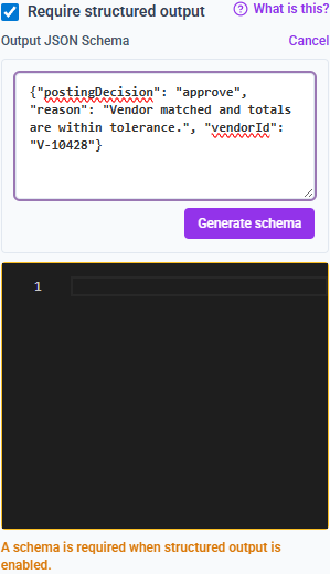 Require structured output enabled with an invoice posting JSON example pasted into the Generate from JSON example panel