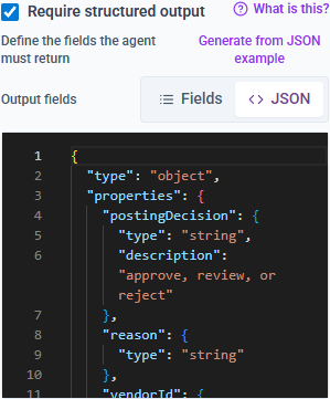 The structured output JSON view showing the raw JSON Schema for the fields