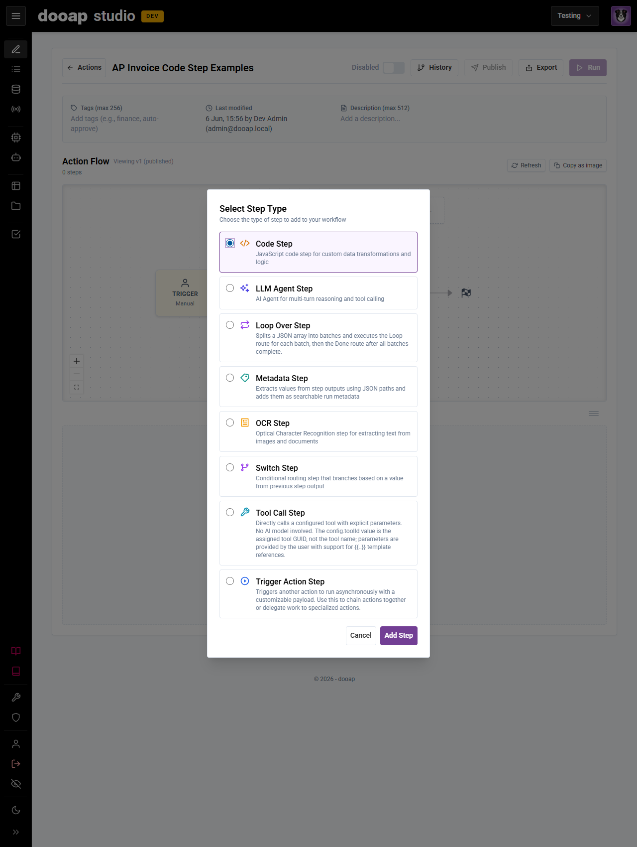 The Select Step Type dialog with Code Step selected, described as a JavaScript code step for custom data transformations and logic