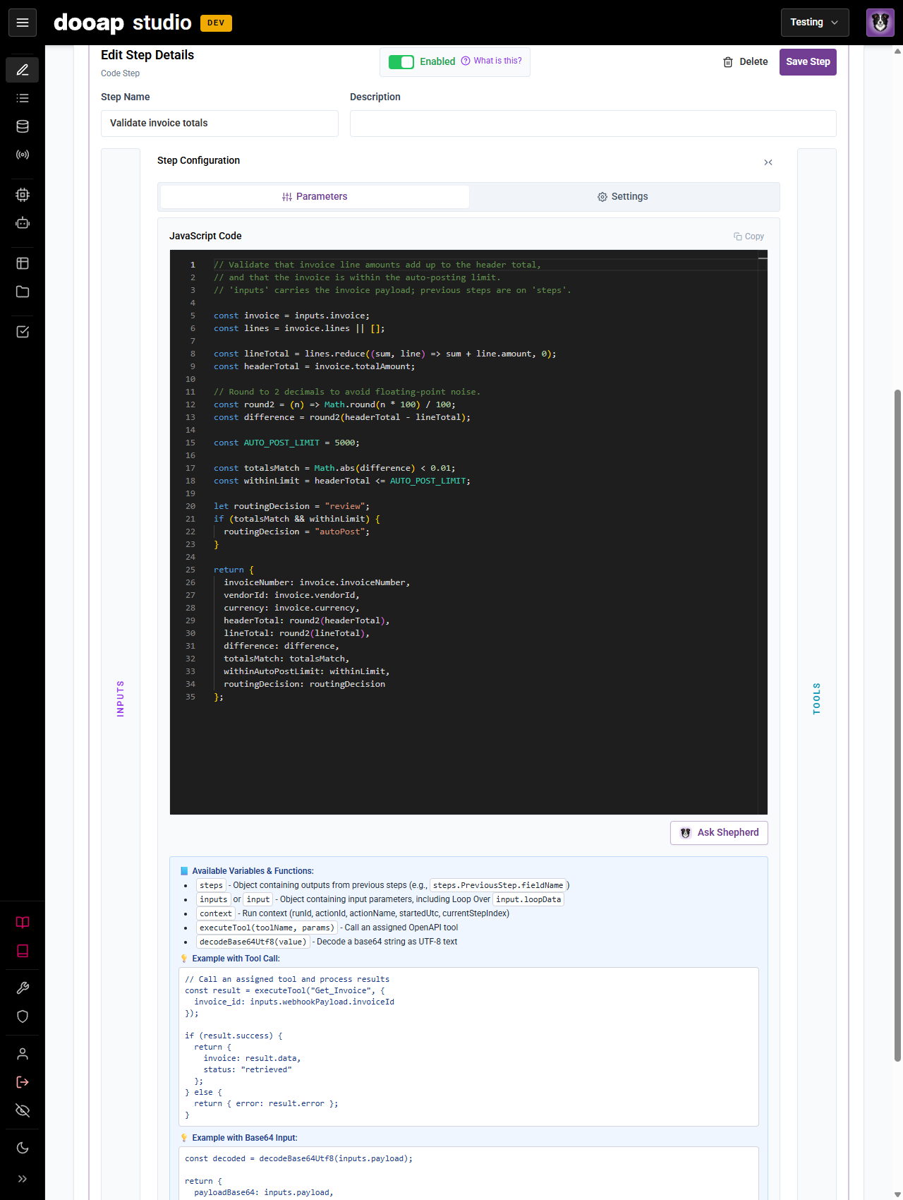 The Code Step configuration editor showing JavaScript that validates invoice totals, with the Available Variables and Functions help panel below