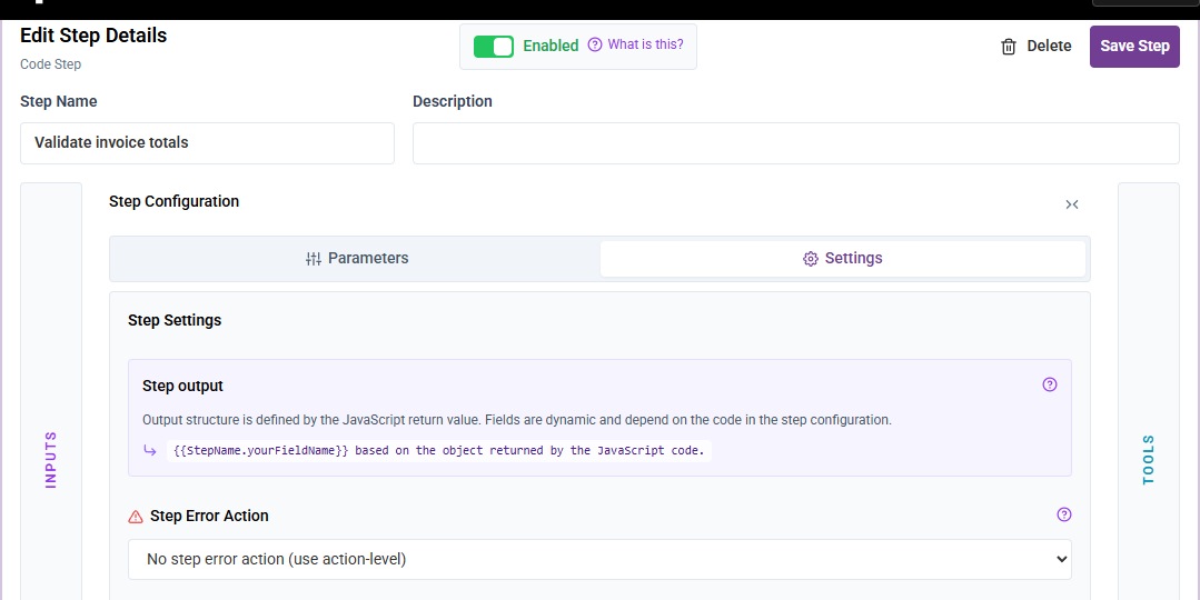 The Code Step Settings tab showing the dynamic step output note and the Step Error Action selector
