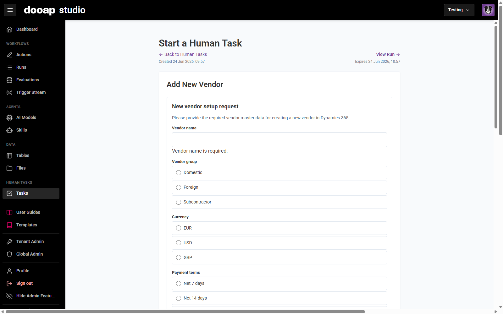 Completing a Human Task with input fields and a submit button