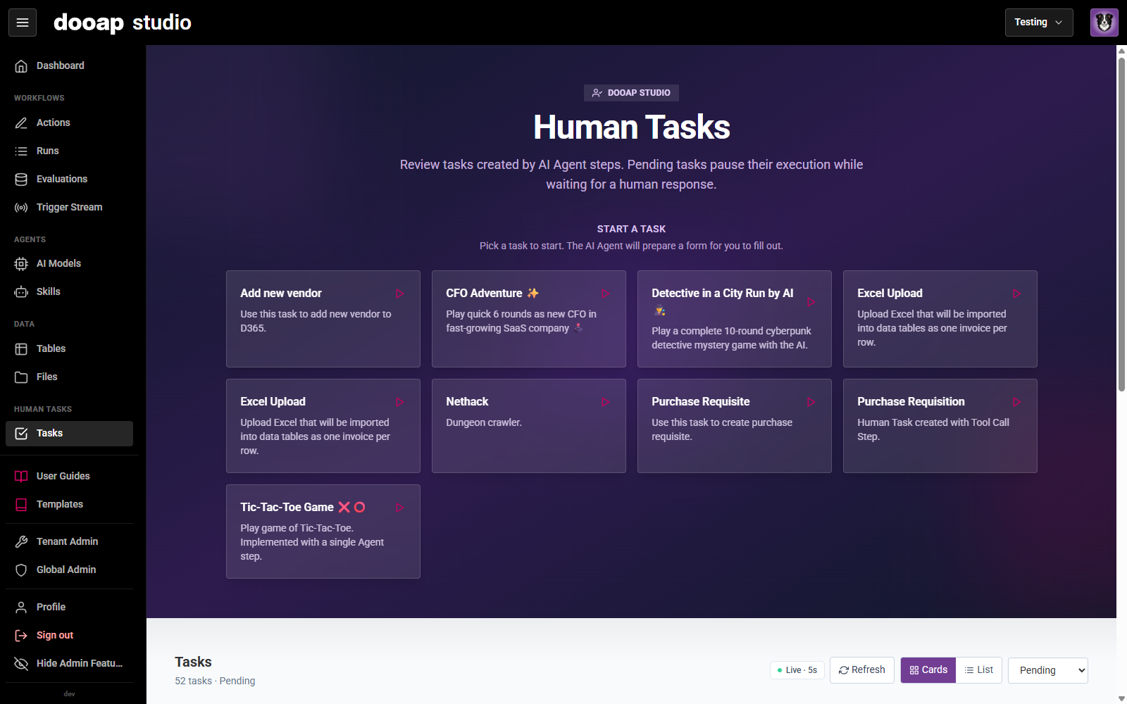 The Human Tasks page listing pending and completed tasks