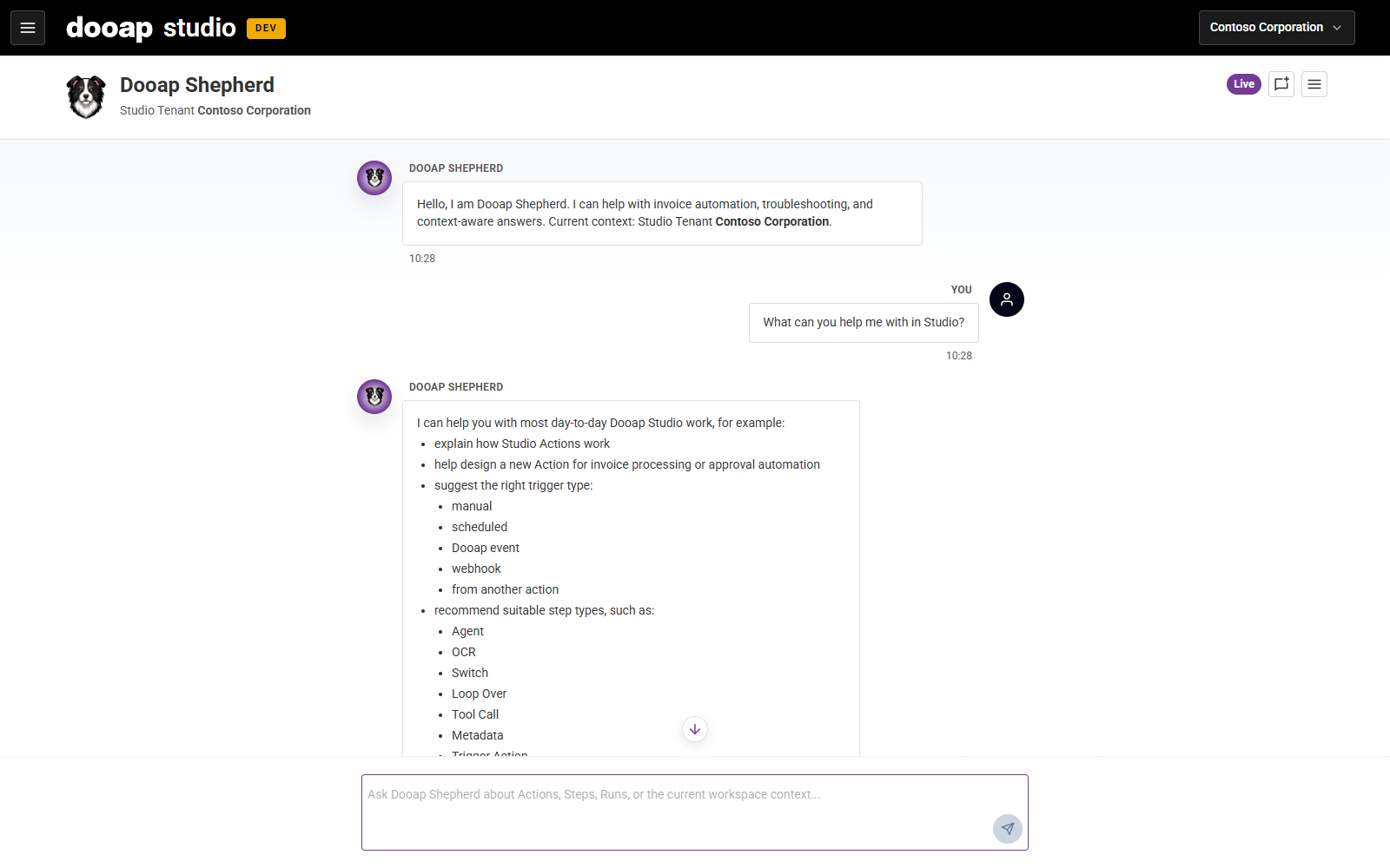 Shepherd answering the question "What can you help me with in Studio?" with a list of its capabilities