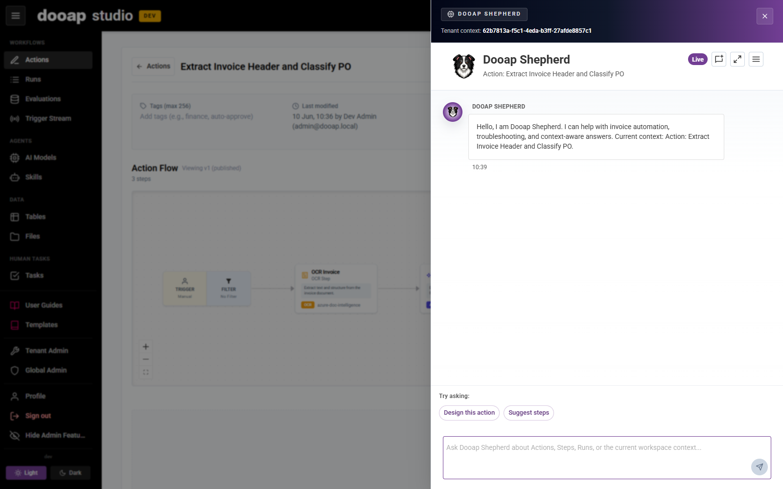 Shepherd opened as a side panel next to an Action, showing the current context and "Try asking" starter prompts