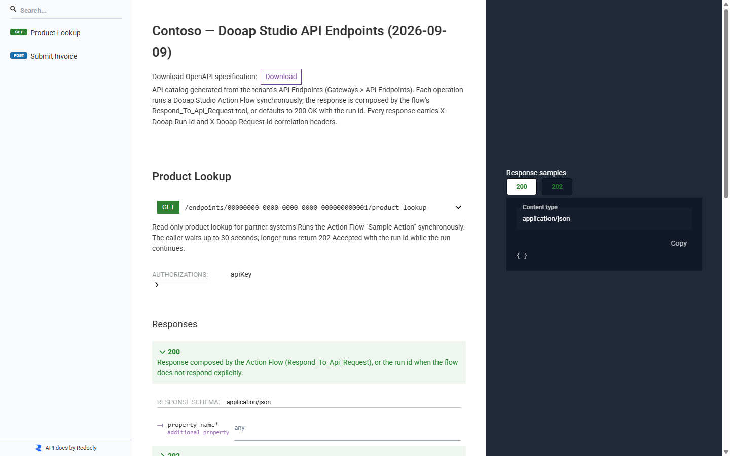 Standalone API documentation page rendering the tenant's API Endpoints with Redoc