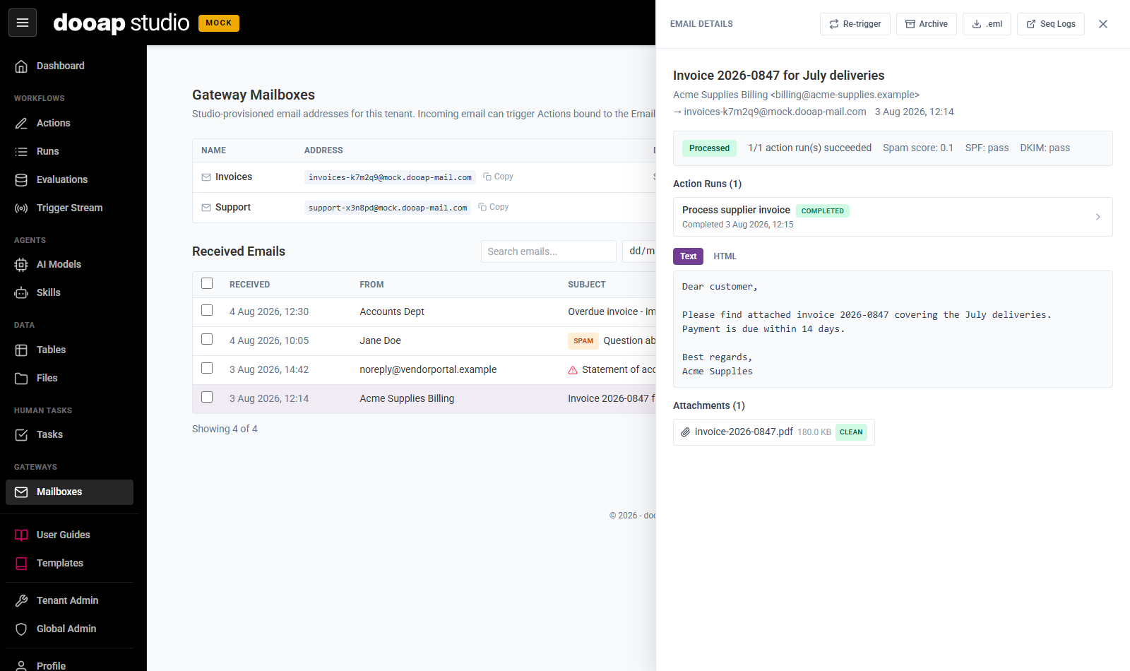 Email details panel with action runs and attachment