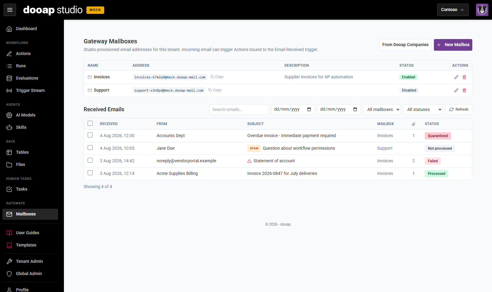 Gateway Mailboxes with the received emails list