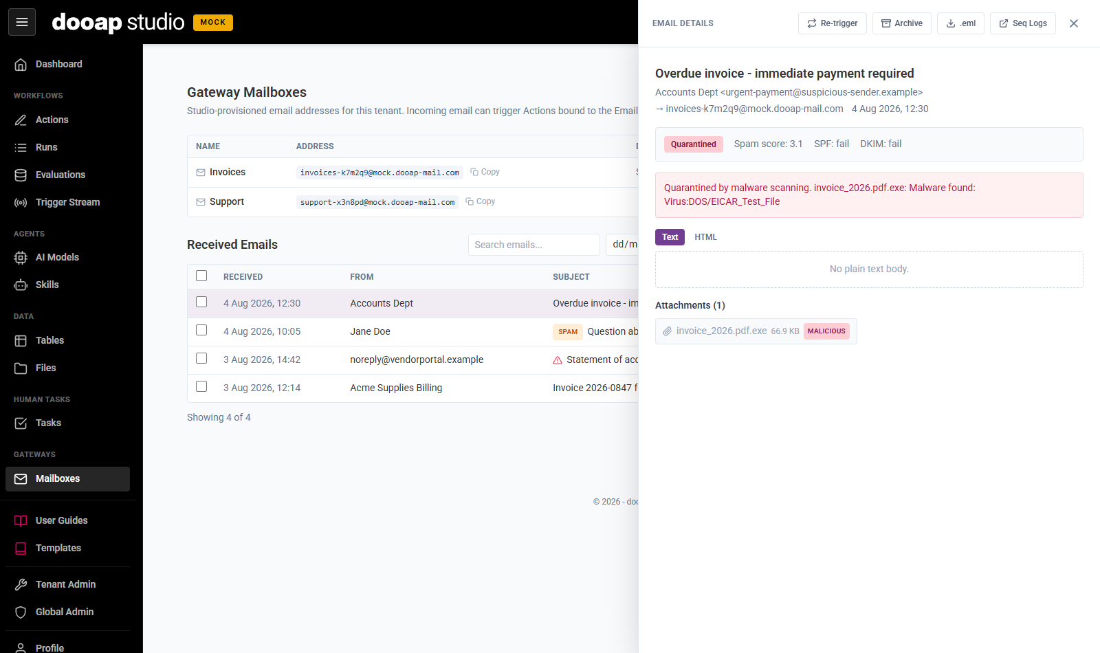 Quarantined email with a malicious attachment