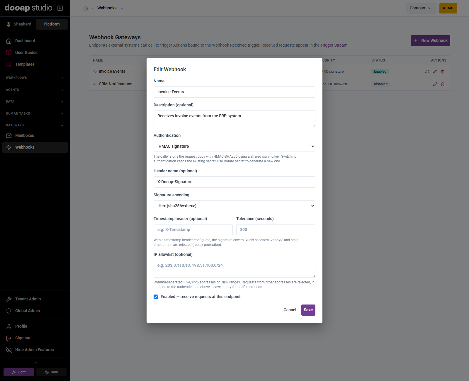 Editing a webhook: authentication method, signature header and encoding, replay protection, and IP allowlist