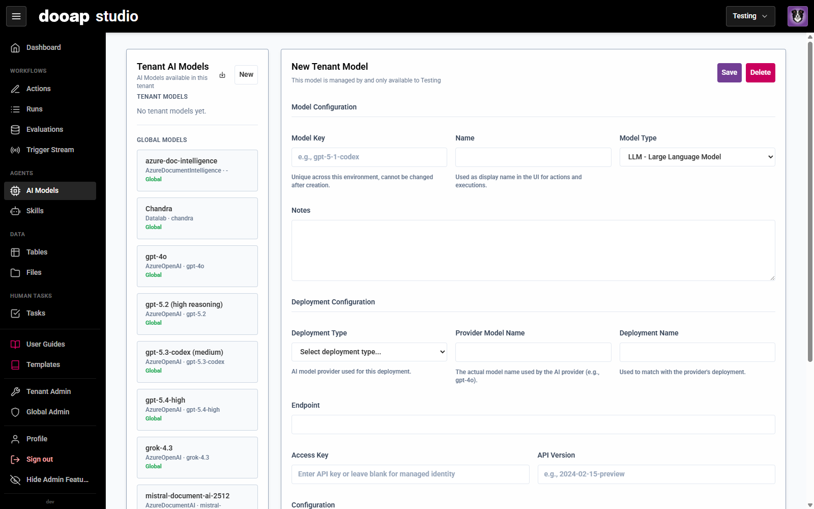 The AI Models page with the model list and configuration form