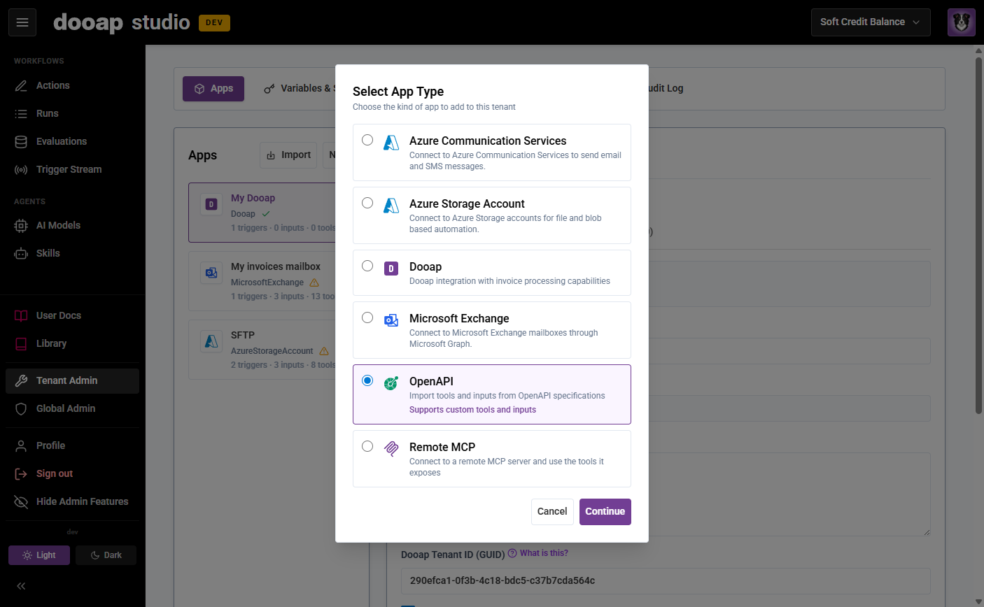 Select the app type when creating a new app