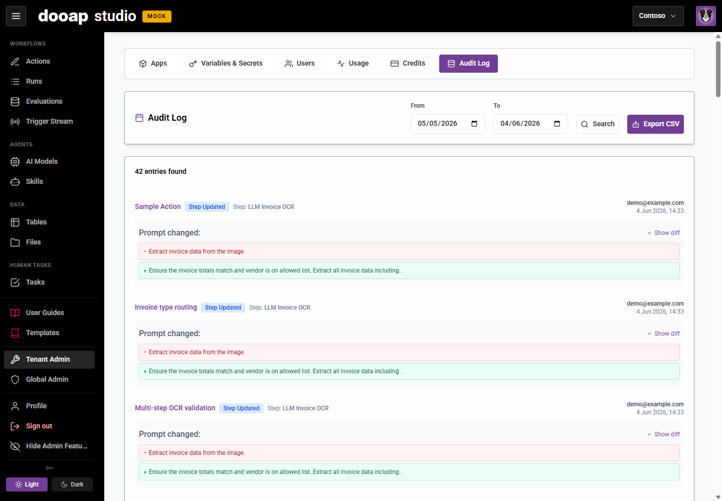 The Audit Log under Tenant Admin, showing change entries with before/after detail and an Export CSV button