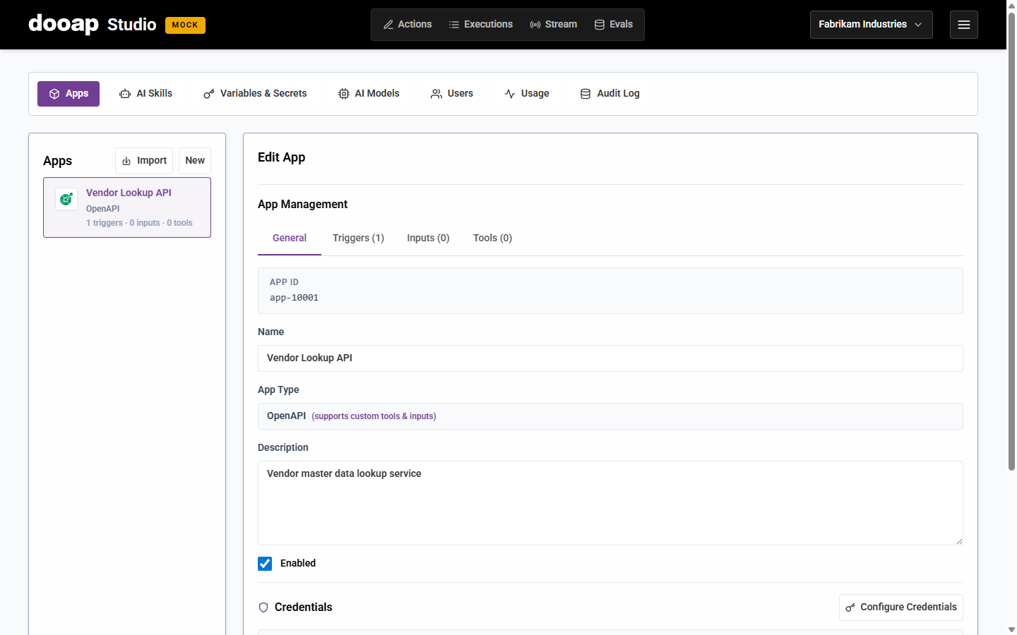 OpenAPI app — General tab
