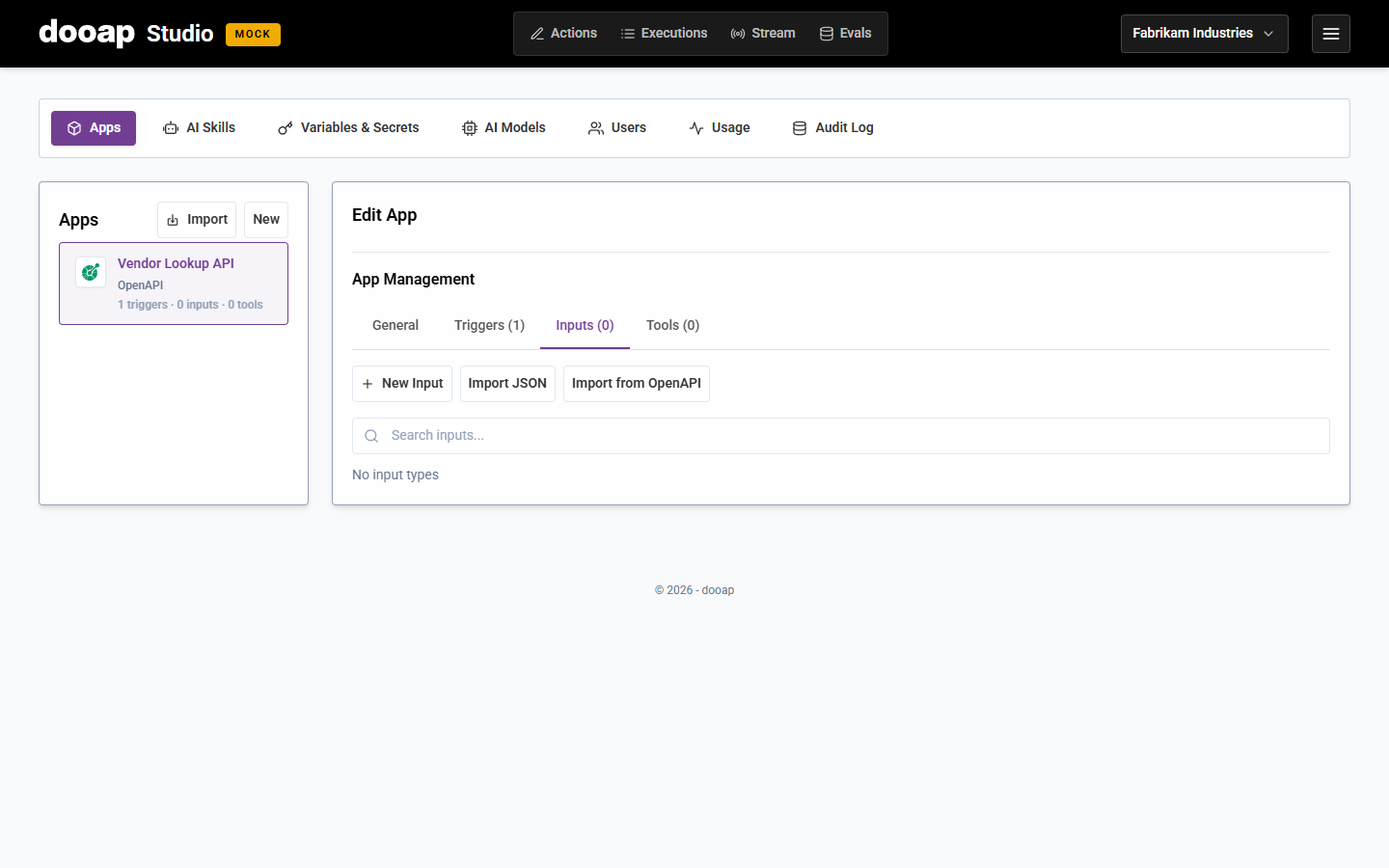 OpenAPI app — Inputs tab
