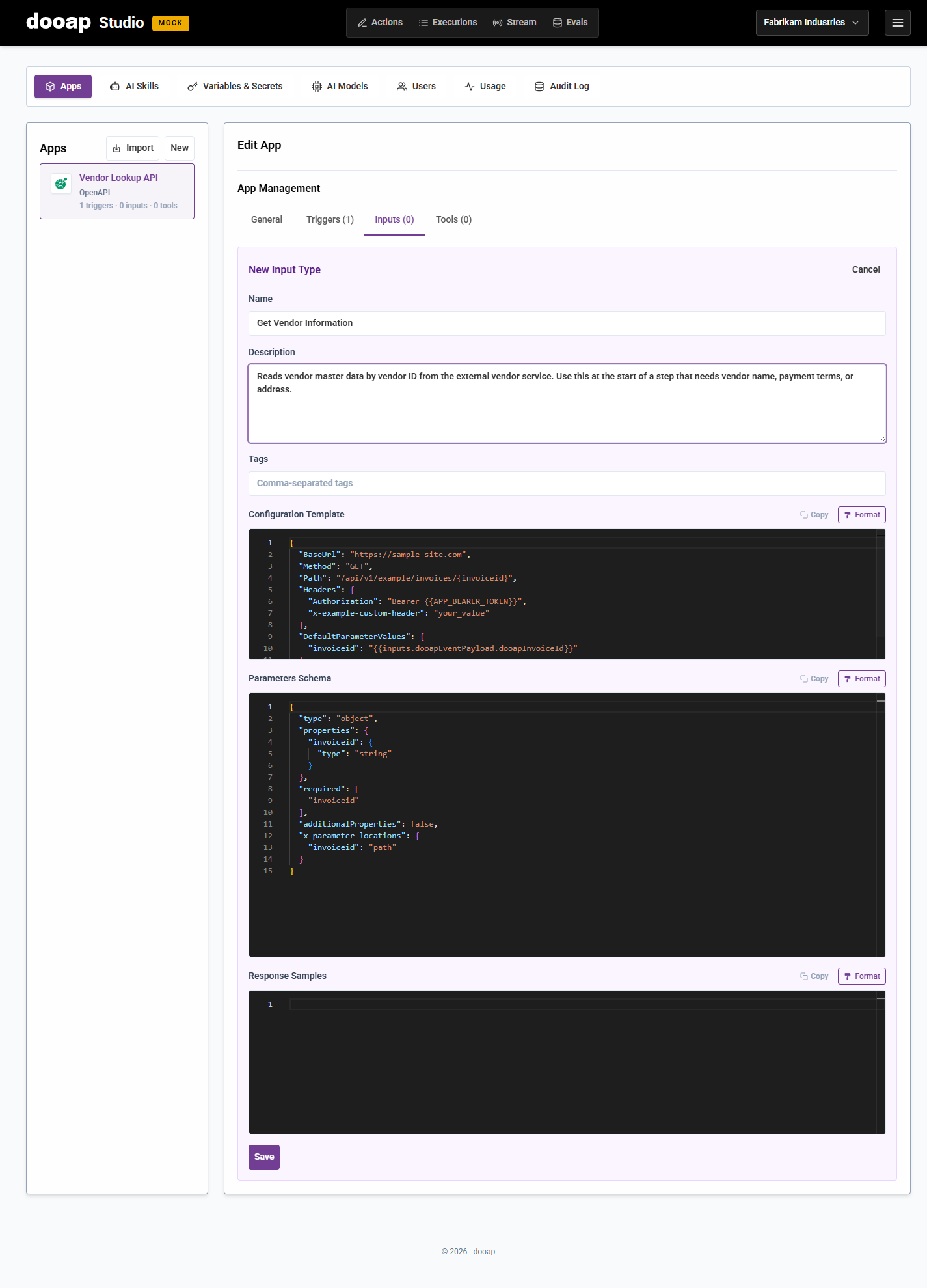 OpenAPI input editor — Configuration Template, Parameters Schema, Sample Response