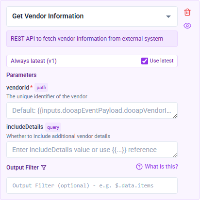 OpenAPI input rendered as a parameter form on a step