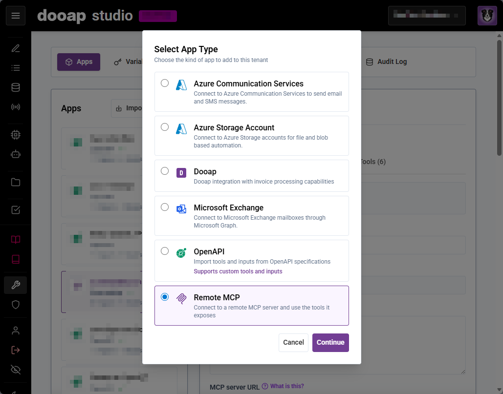 Select the Remote MCP app type when creating a new app