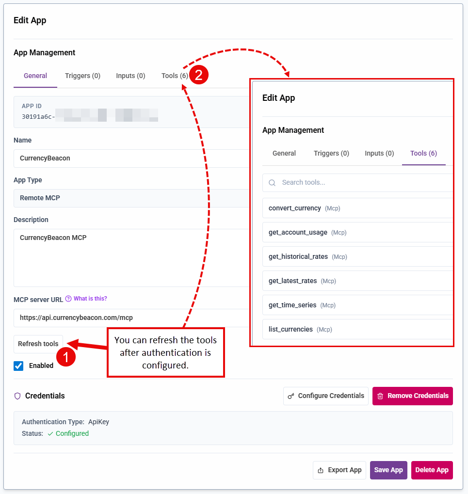 Refresh tools re-discovers what the server exposes; discovered tools appear on the Tools tab