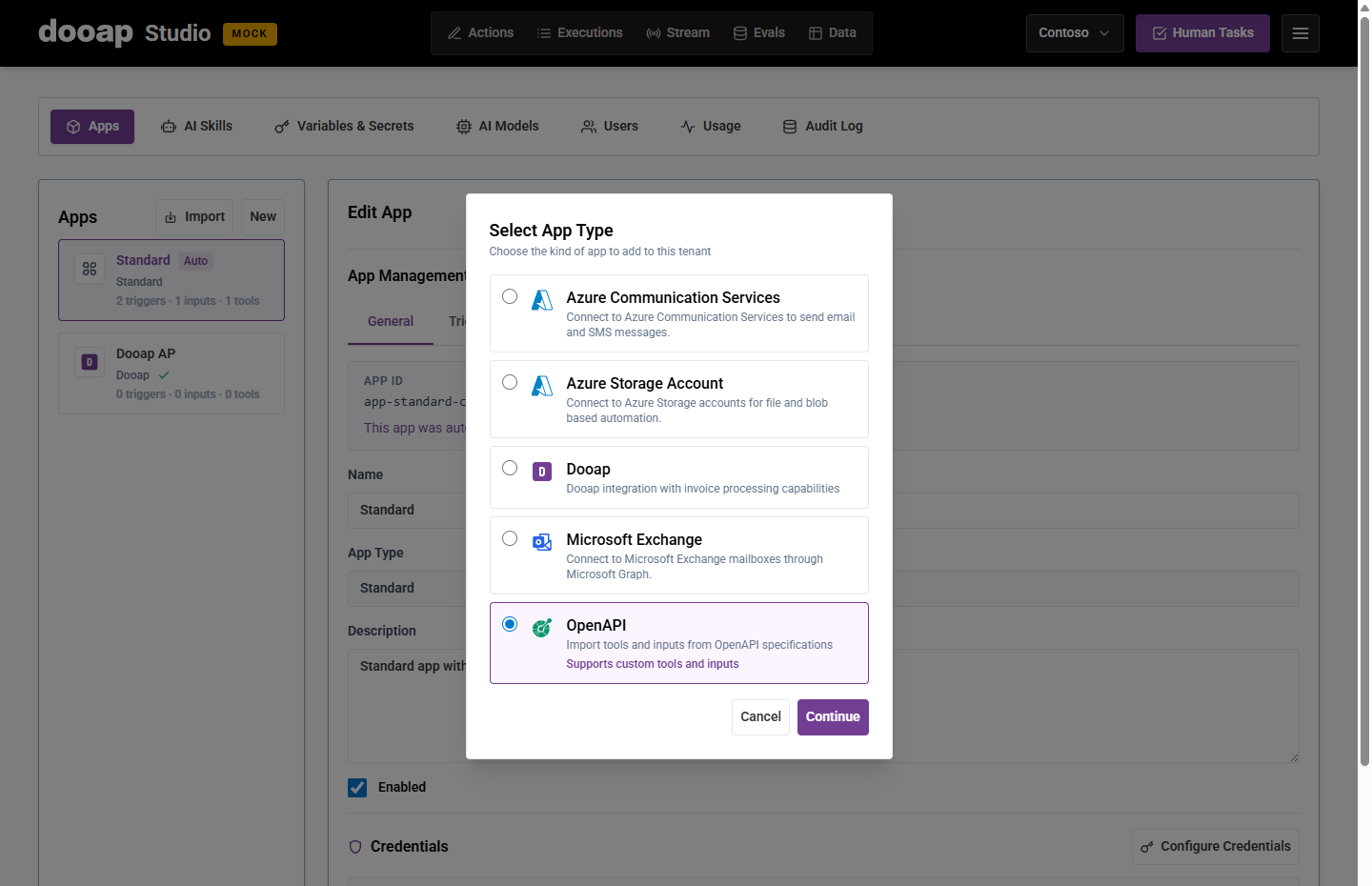 Select Microsoft Exchange or Azure Communication Services as the app type