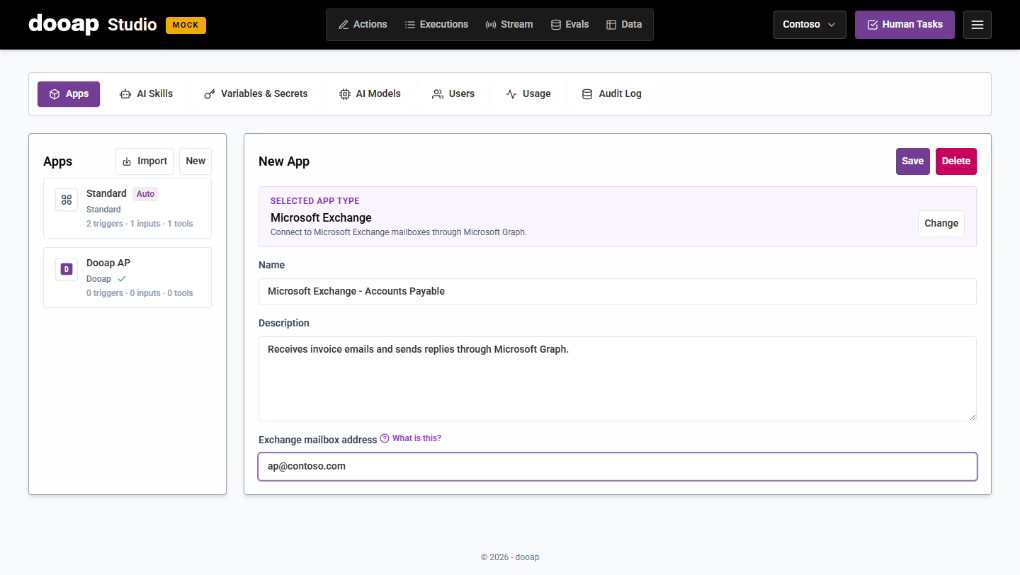 Configure the Microsoft Exchange app and default mailbox