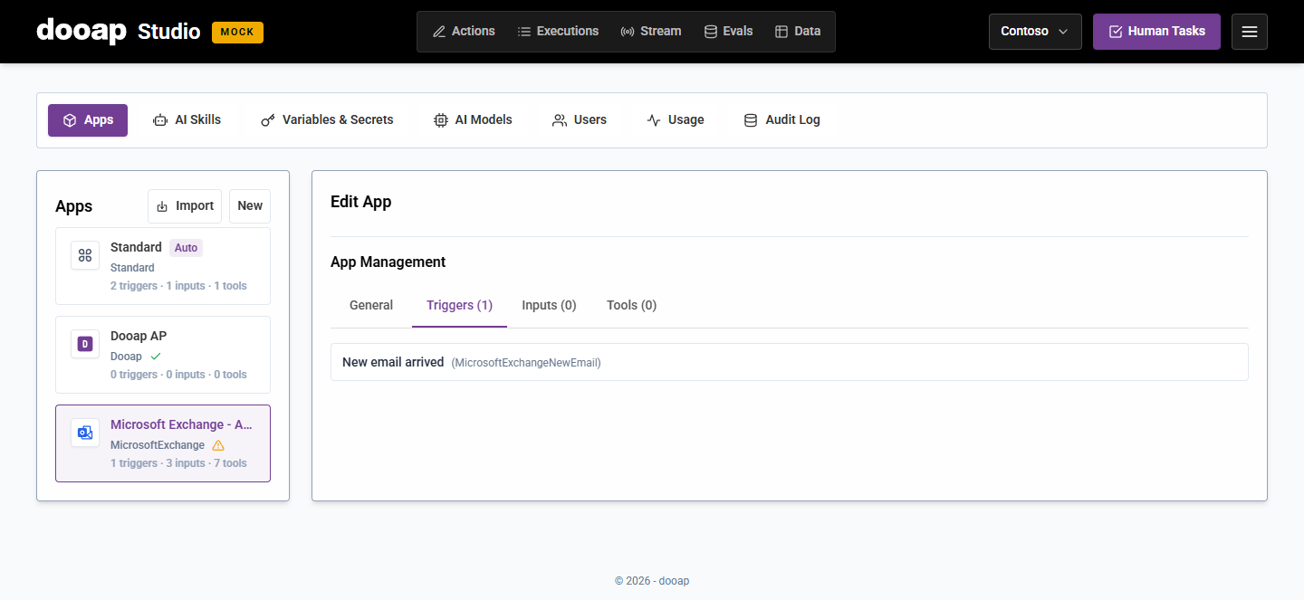 Microsoft Exchange app resources include the new-email trigger