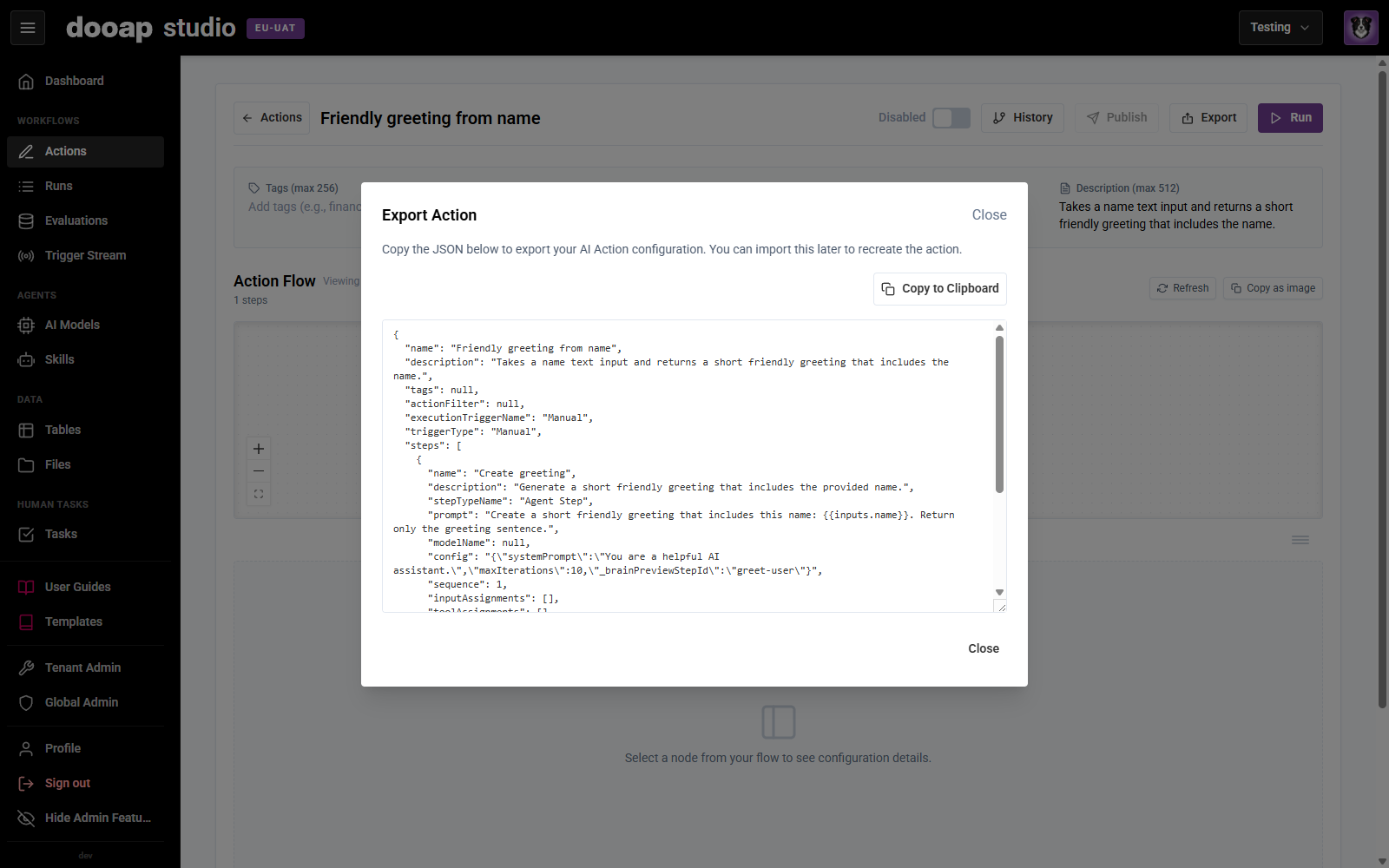 The Export Action dialog showing the exported Action JSON, captured in UAT