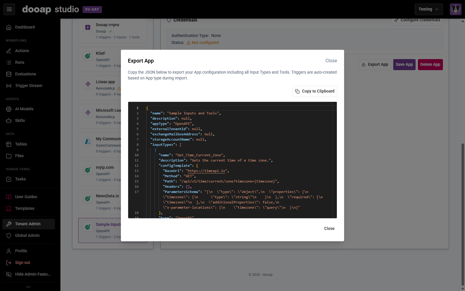 The Export App dialog showing the App JSON with its Input Types and Tools, captured in UAT