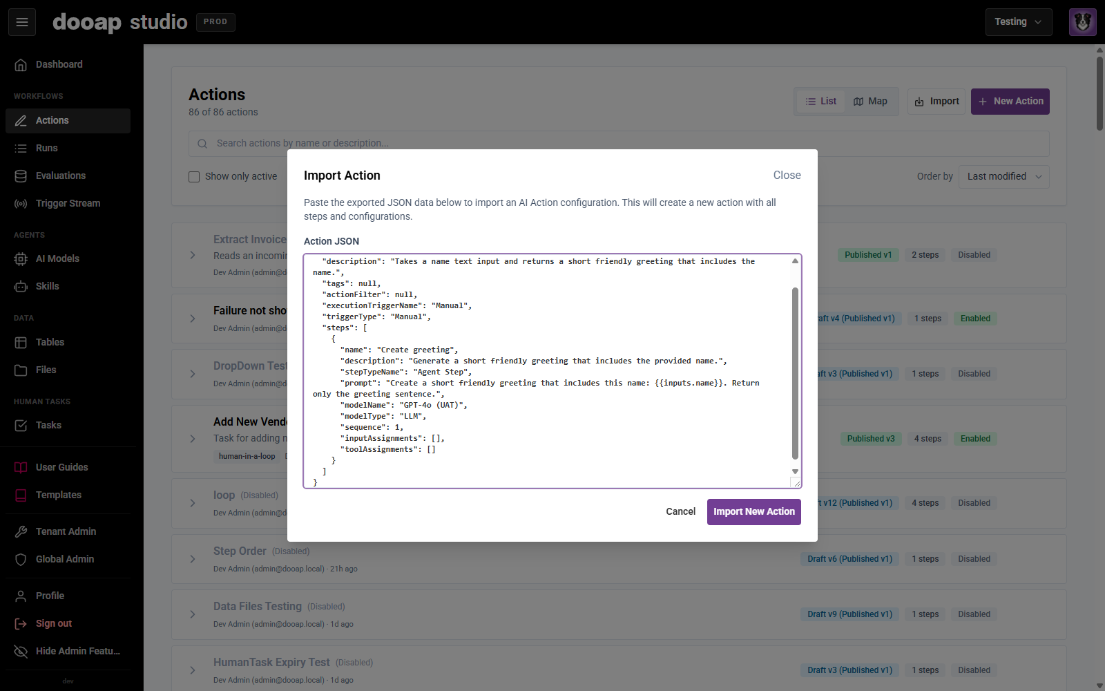 The Import Action dialog in Production with the exported Action JSON pasted in