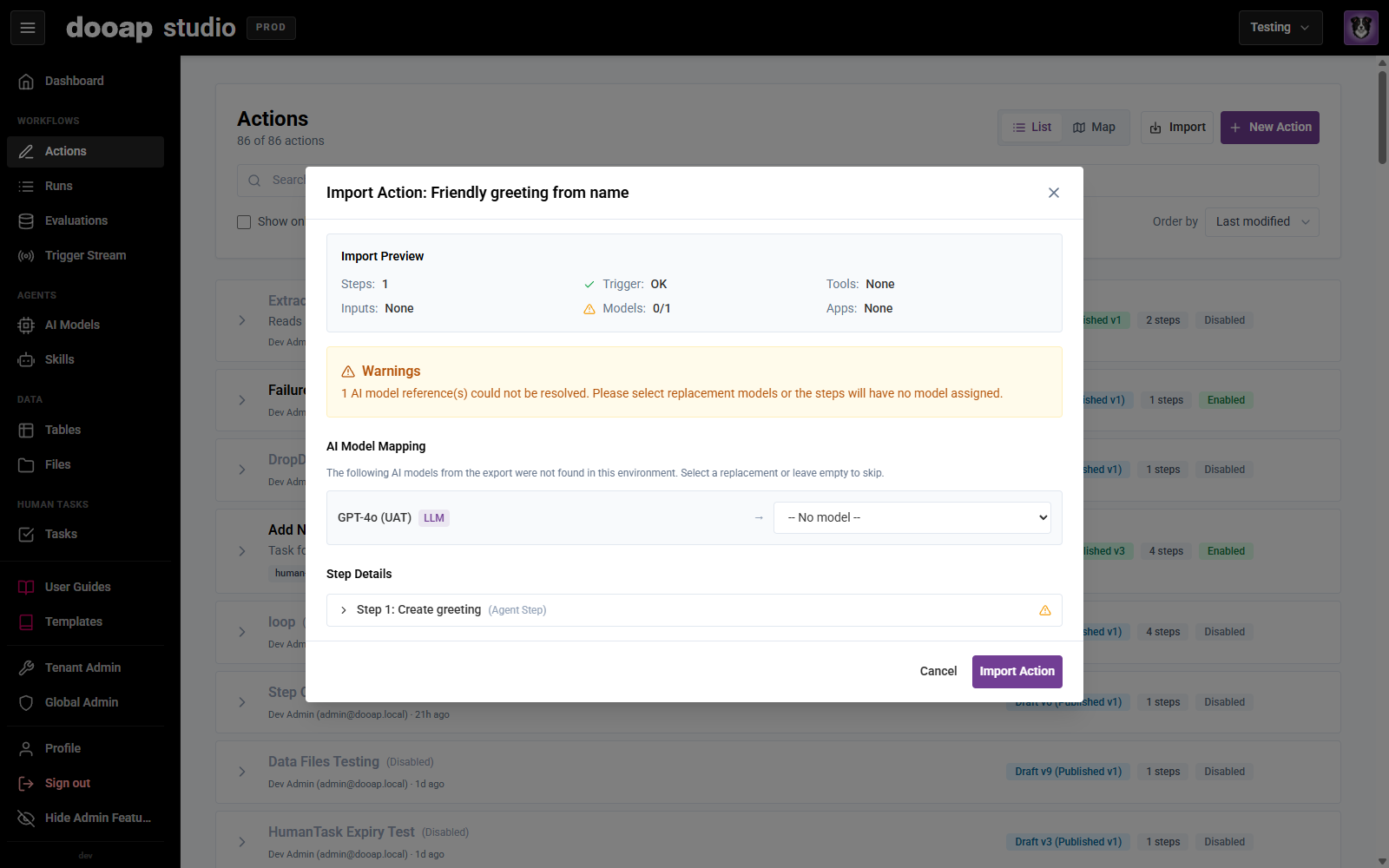 The Action import wizard showing the import preview, model and App mapping, and per-step details