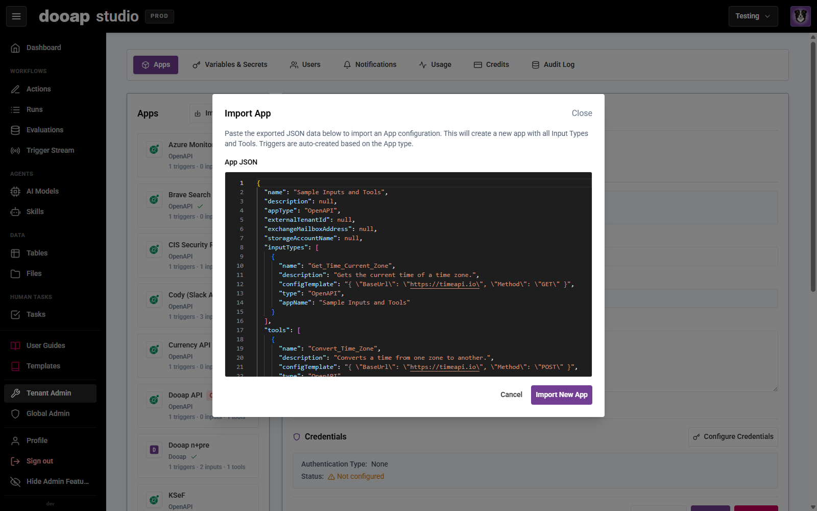 The Import App dialog in Production with exported App JSON pasted in